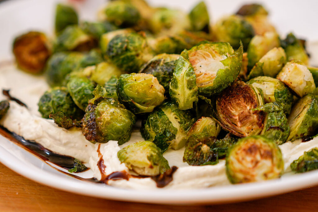 Roasted Brussel Sprouts with Horseradish Whipped Goat Cheese