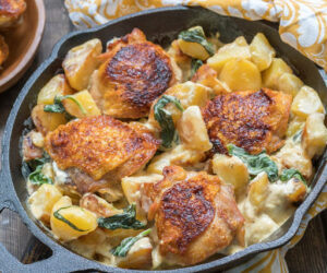 easy family dinner recipes, one skillet chicken and potatoes