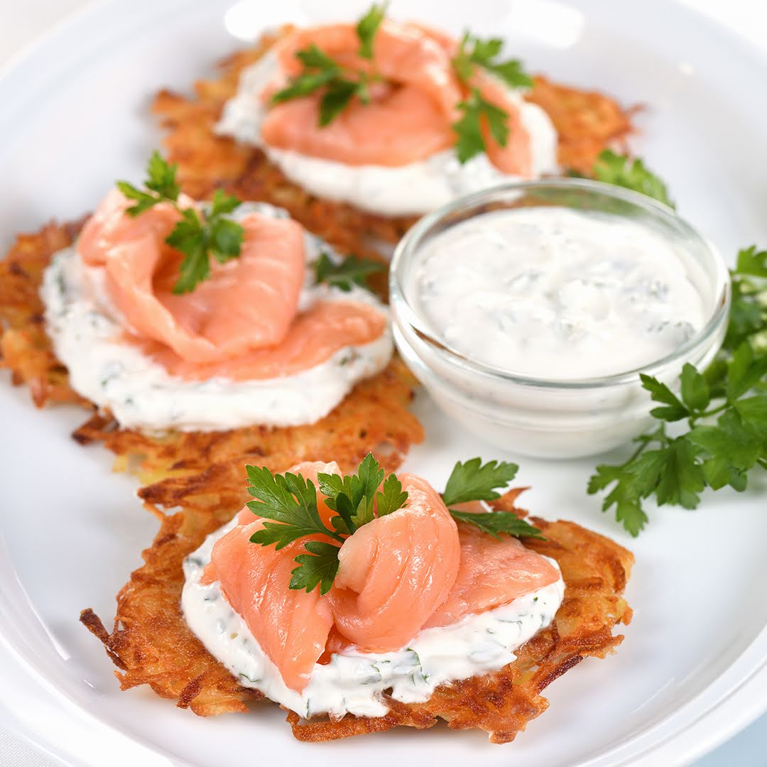 Smoked Salmon Rosti with Atomic Dill Sauce